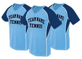 Image of a professional tennis player serving in a custom tennis jersey, featuring ultra-light, moisture-wicking fabric designed online with vibrant sublimation prints that maintain color even under the sun.