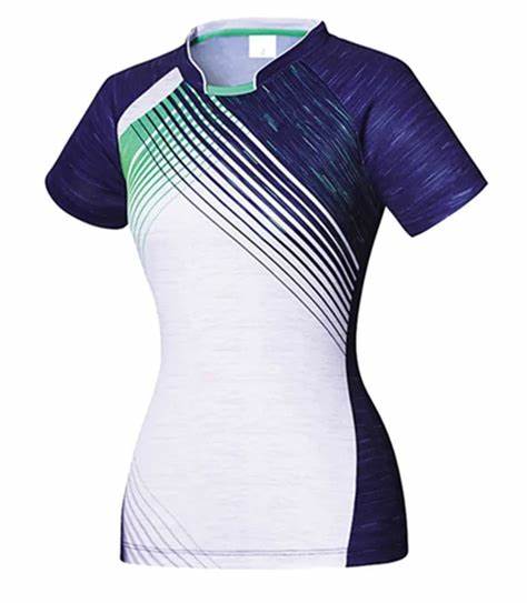 Various custom tennis jerseys laid out on a table at a sports apparel store, each featuring innovative designs and custom logos created via our online platform, highlighting the option for bulk orders with quick turnaround times.