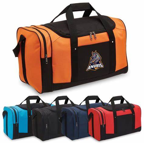 Image of a custom sports bag designed online, featuring vibrant full sublimation printing with a team logo and player name, ideal for soccer, basketball, and other sports gear.