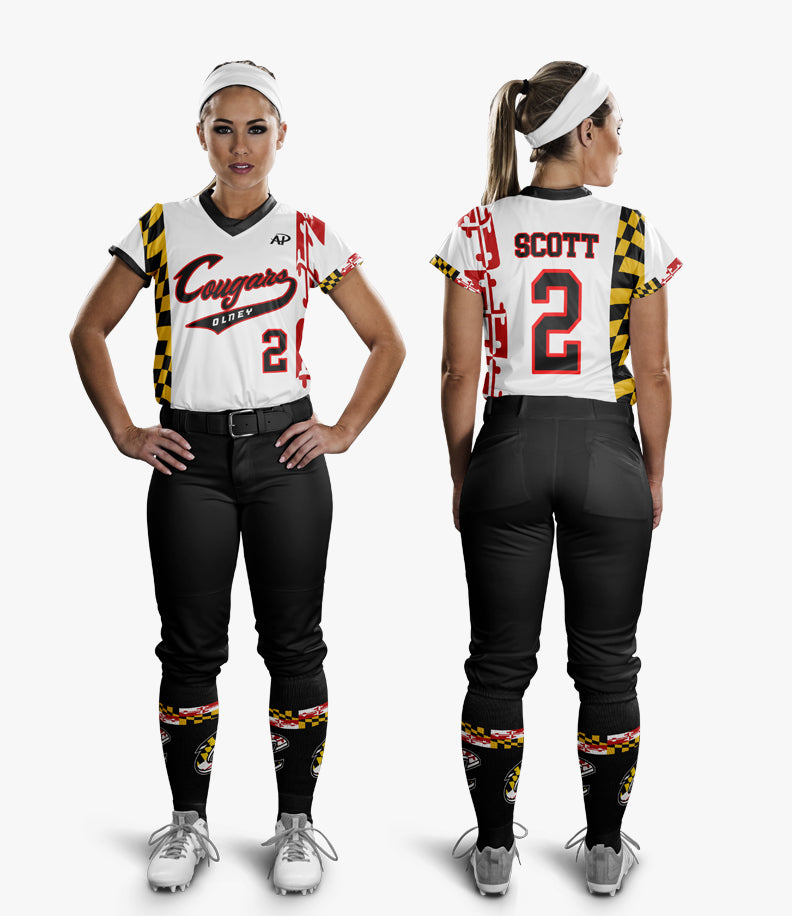 Team photo of a women's softball team proudly wearing their new, fully sublimated uniforms, each jersey personalized with player numbers and names using our online tools for a consistent and professional appearance.