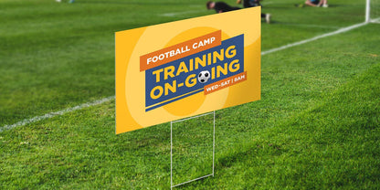 Custom printed yard signs for sports teams, featuring vibrant team logos and motivational slogans.