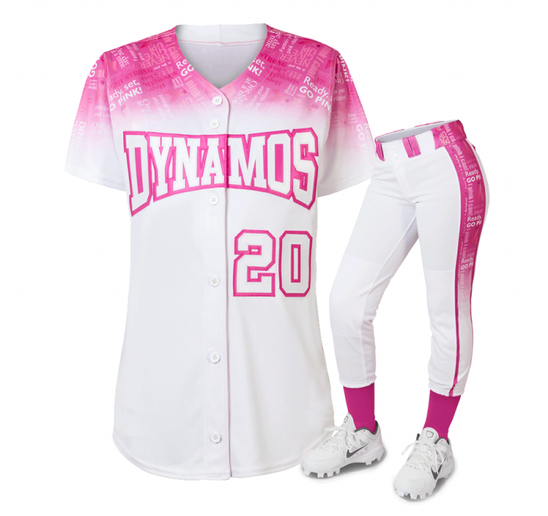 Collection of softball jerseys on display at a retail store, each featuring full sublimation printing that ensures long-lasting wearability and vivid graphics, available through our user-friendly online design service.