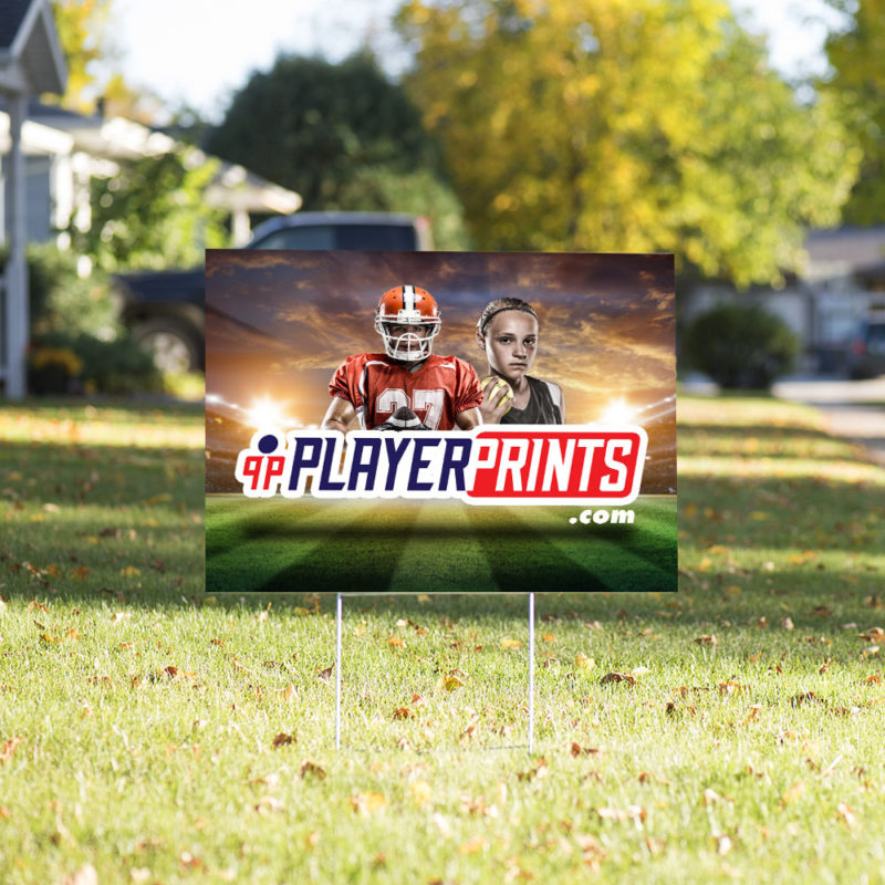 Custom yard signs designed for sports events, displaying team logos and event information for fans and participants.