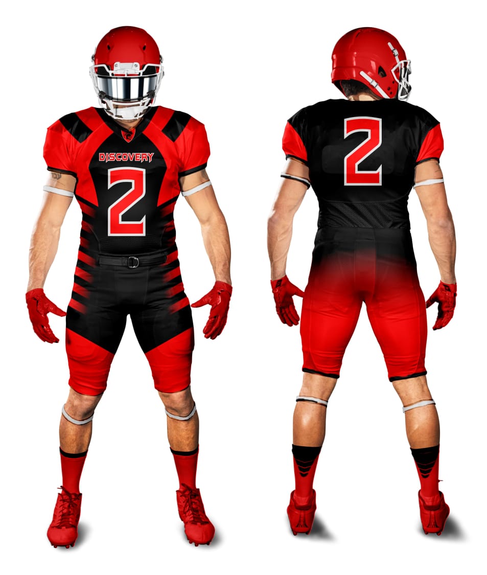 Youth football team posing in their custom, fully sublimated jerseys, emphasizing the uniforms' ability to endure tough play and frequent washing, all designed easily via our online platform.